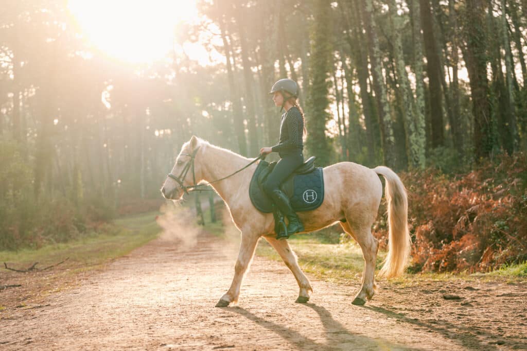 Cavalière sur un cheval blanc en balade dans la forêt de Chiberta sous une lumière dorée.